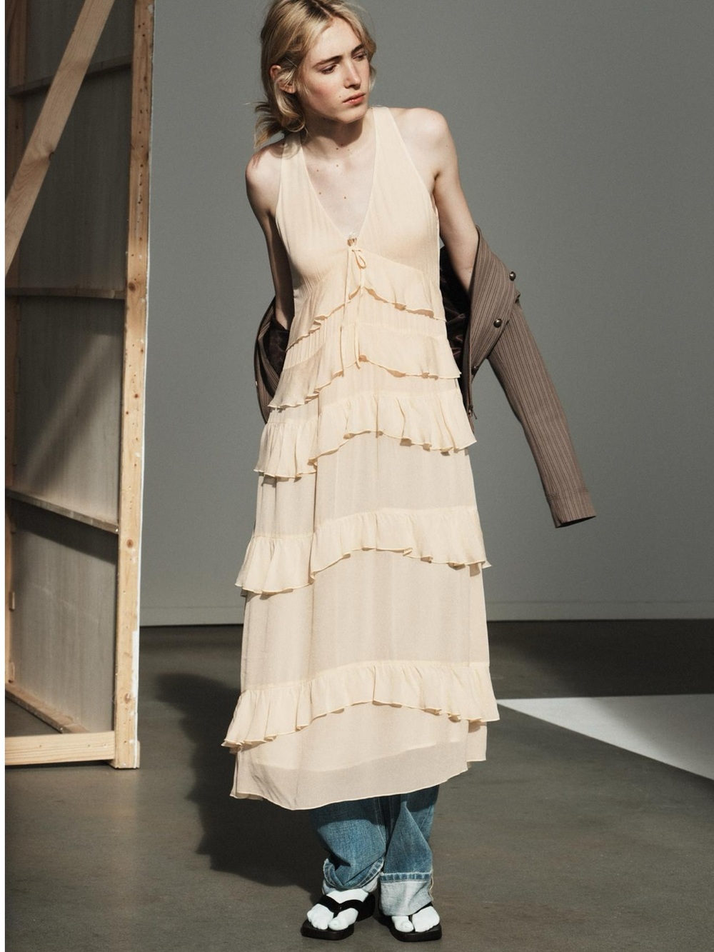 Zara Ruffled Midi Dress featuring a V-neckline